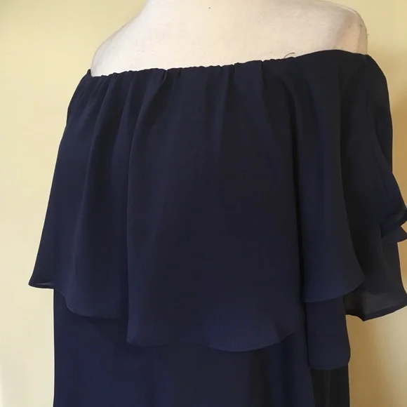 Off Shoulder Ruffled Overlay Tunic Blouse Navy - Picture 6 of 7